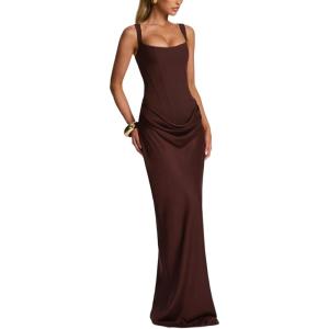 meilun Corset-Style Backless Sleeveless Strapless Solid-Colour Tie-Detail Dress(Brown)