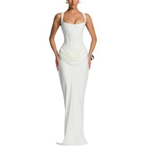 meilun Corset-Style Backless Sleeveless Strapless Solid-Colour Tie-Detail Dress(White)
