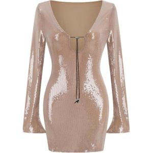 meilun Deep V Dress Sequin Dresses with Drawstring Long Sleeve Evening Dress for Women Short Gown(A-asshown)