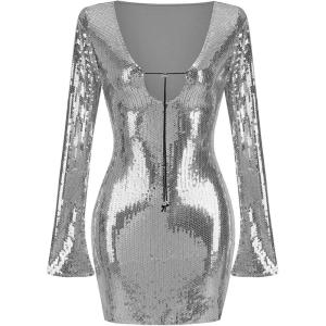 meilun Deep V Dress Sequin Dresses with Drawstring Long Sleeve Evening Dress for Women Short Gown(A-silver)