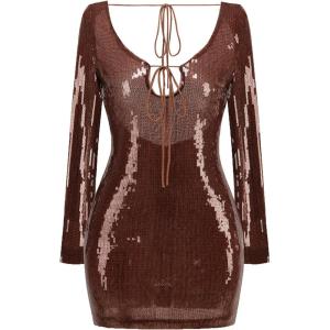 meilun Deep V Dress Sequin Dresses with Drawstring Long Sleeve Evening Dress for Women Short Gown(B-brown)