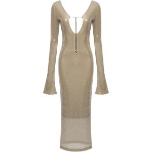 meilun Deep V Dress with Drawstring Long Sleeve Sequin Dress for Women Long Gown(As Shown)
