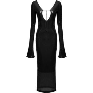 meilun Deep V Dress with Drawstring Long Sleeve Sequin Dress for Women Long Gown(Black)