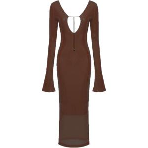 meilun Deep V Dress with Drawstring Long Sleeve Sequin Dress for Women Long Gown(Brown)