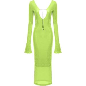 meilun Deep V Dress with Drawstring Long Sleeve Sequin Dress for Women Long Gown(Flugreen)
