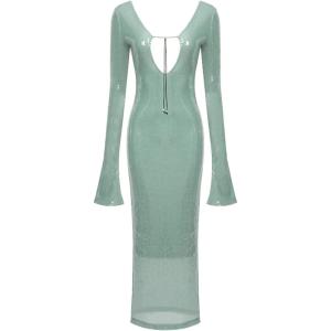 meilun Deep V Dress with Drawstring Long Sleeve Sequin Dress for Women Long Gown(Green)