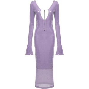 meilun Deep V Dress with Drawstring Long Sleeve Sequin Dress for Women Long Gown(Purple)