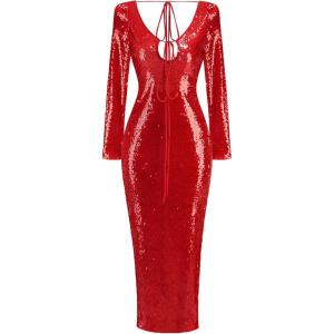 meilun Deep V Dress with Drawstring Long Sleeve Sequin Dress for Women Long Gown(Red)