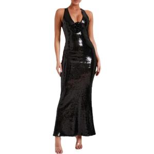 meilun Deep V Formal Dress with Flower Sleeveless Sequin Dress for Women Long Evening Gown(A-black)