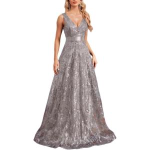 meilun Deep V Sequins Maxi Dress Sexy Long Backless Slim Fishtail Bridesmaid Banquet Evening Gowns(Gray)