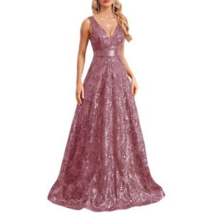meilun Deep V Sequins Maxi Dress Sexy Long Backless Slim Fishtail Bridesmaid Banquet Evening Gowns(Pink)