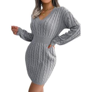 meilun Fitted Twist-Detail Pencil Skirt Dress V-Neck Fitted Casual Dress Fall/Winter(Grey)