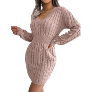 meilun Fitted Twist-Detail Pencil Skirt Dress V-Neck Fitted Casual Dress Fall/Winter(Pink)
