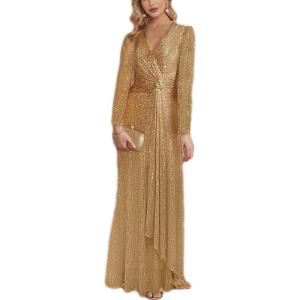 meilun Long Sleeve Sequin Dress for Women Formal Gowns Sparkly V Neck Maxi Dress(B-gold)