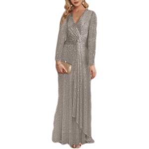 meilun Long Sleeve Sequin Dress for Women Formal Gowns Sparkly V Neck Maxi Dress(B-grey)