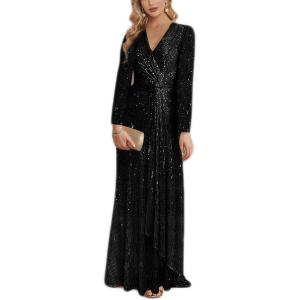meilun Long Sleeve Sequin Dress for Women Formal Gowns Sparkly V Neck Maxi Dress(Black)
