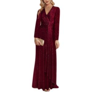 meilun Long Sleeve Sequin Dress for Women Formal Gowns Sparkly V Neck Maxi Dress(B-wine)