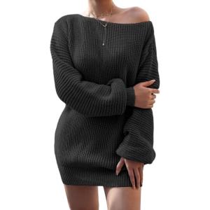 meilun Long-Sleeve Off-The-Shoulder Knit Dress Casual Loose-Fit Knit Dresses(Black)