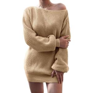 meilun Long-Sleeve Off-The-Shoulder Knit Dress Casual Loose-Fit Knit Dresses(Khaki)