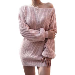 meilun Long-Sleeve Off-The-Shoulder Knit Dress Casual Loose-Fit Knit Dresses(Pink)