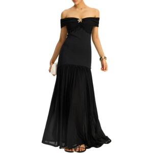 meilun Mesh Maxi Dress One Shoulder Summer Flutter Slim Vacation Bridesmaid Dresses(Black)