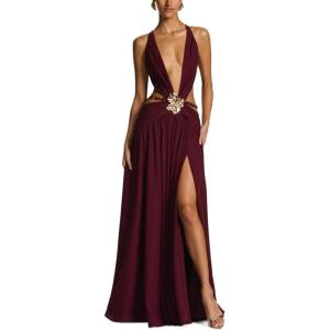 meilun Mesh Maxi Dress V-Neck Backless Seaside Vacation Style Long Dresses(Wine)