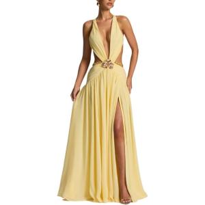 meilun Mesh Maxi Dress V-Neck Backless Seaside Vacation Style Long Dresses(Yellow)