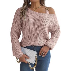 meilun Off Shoulder Bell Sleeve Pullover Sweater with Metal Buckles Daily(Pink)