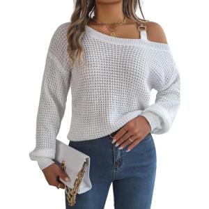 meilun Off Shoulder Bell Sleeve Pullover Sweater with Metal Buckles Daily(White)