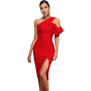 meilun One Shoulder Ruffle Wedding Guest Dress Slit Bandage Cocktail Dress Formal Party Gowns(C-red)