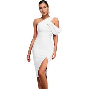 meilun One Shoulder Ruffle Wedding Guest Dress Slit Bandage Cocktail Dress Formal Party Gowns(C-white)
