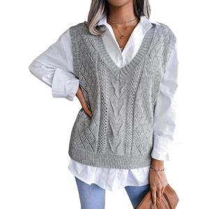 meilun Openwork Twist-Knit V-Neck Sweater Vest Casual, Professional, Daily Wear(Grey)