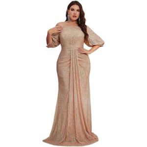 meilun Plus Size Evening Gown Sequin-Embellished Elegant V-Neck Mid-Length Sleeve Banquet Dress(Beige)
