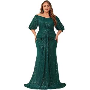 meilun Plus Size Evening Gown Sequin-Embellished Elegant V-Neck Mid-Length Sleeve Banquet Dress(Green)