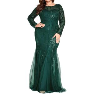 meilun Plus Size Long Sleeve Formal Dress Elegant Round Neck Sequins Mesh Evening Gowns(A-green)
