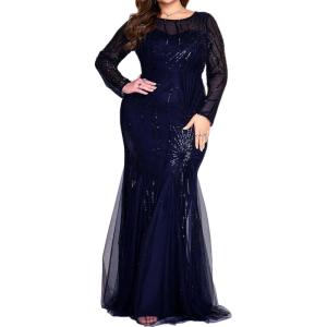meilun Plus Size Long Sleeve Formal Dress Elegant Round Neck Sequins Mesh Evening Gowns(A-navy)