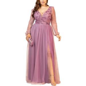 meilun Plus Size Mesh Maxi Dress Long Sleeve Beaded Mesh Splicing Model Evening Dresses(Pink)