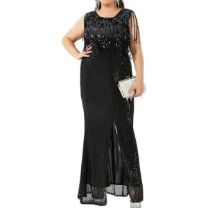 meilun Plus Size Sleeveless Sequins Formal Dress 1920s Prom Evening Gowns Wedding Guest Dresses(A-black)