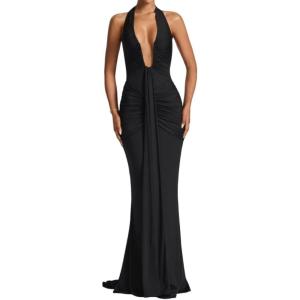 meilun Rosetta Maxi Dress Hanging Neck Deep V Waist Long Backless Fluttering Fishtail Dresses(Black)