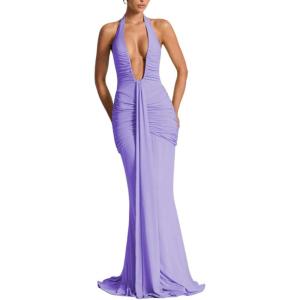 meilun Rosetta Maxi Dress Hanging Neck Deep V Waist Long Backless Fluttering Fishtail Dresses(Purple)