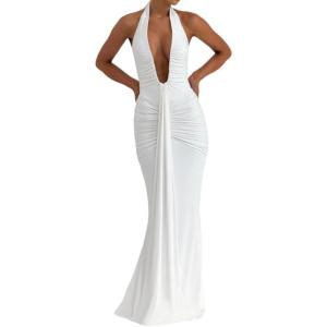 meilun Rosetta Maxi Dress Hanging Neck Deep V Waist Long Backless Fluttering Fishtail Dresses(White)