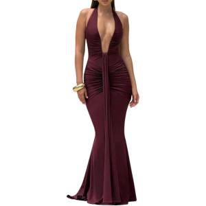 meilun Rosetta Maxi Dress Hanging Neck Deep V Waist Long Backless Fluttering Fishtail Dresses(Wine)
