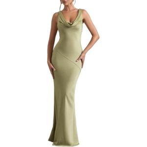 meilun Satin-Finish Fitted Bodycon Fishtail Dress with Backless Design(Green)