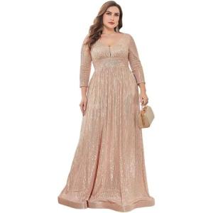 meilun Sequin Dress Long-Sleeved Cocktail Wedding Guest Attire Elegant V-Neck Party Dress(Beige)