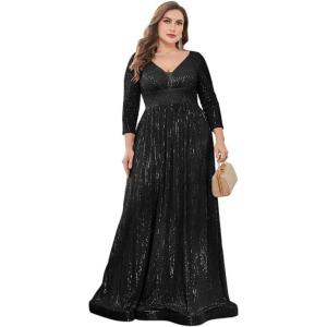 meilun Sequin Dress Long-Sleeved Cocktail Wedding Guest Attire Elegant V-Neck Party Dress(Black)
