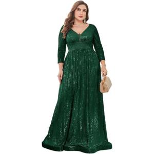 meilun Sequin Dress Long-Sleeved Cocktail Wedding Guest Attire Elegant V-Neck Party Dress(Deepgreen)