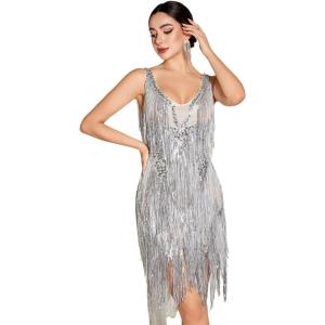 meilun Sequin Fringe Mini Dress Silver Slightly Sheer V-Neck Sleeveless Party Dresses(Silver)