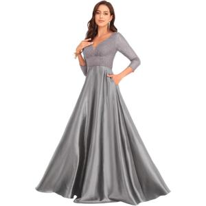 meilun Sequin V- Neck Long Sleeve Dress Satin Fitted Full-Skirted Gown Banquet Evening Dress(Grey)