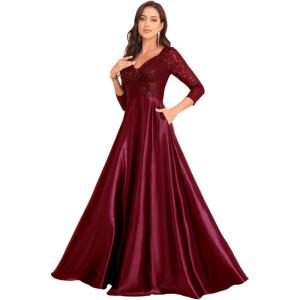 meilun Sequin V- Neck Long Sleeve Dress Satin Fitted Full-Skirted Gown Banquet Evening Dress(Wine)