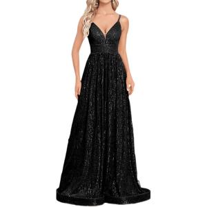 meilun Sleeveless V-Neck with Mesh Formal Long Dress Lace-up Backless Sequin Evening Gowns Wedding Guest Dress(A-black)